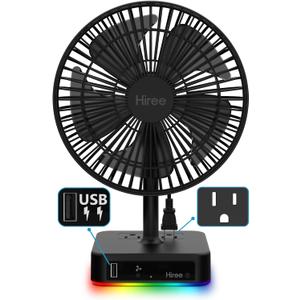Hiree Desk Fan with USB Charging Port, 6.7 Inch 2 Speeds Small Desktop Table Fan with USB Charger, AC Outlet and LED Light, Strong Wind, Quiet Operation - Suitable for Bedroom, Home, Dorm Room