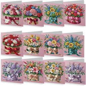 12 Packs Diamond Art Cards Kit, Diamond Painting Greeting Cards with Envelopes, DIY Card Making Kits for Adults, Gifts for Families, Friends, Partners (Bouquet)