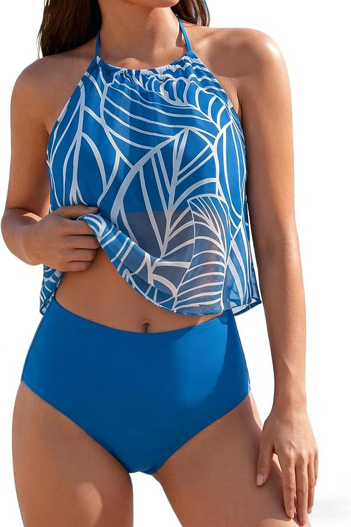 DaiLiWei Tankini Swimsuits for Women Tummy Control Bathing Suit 2 Piece Modest Swim Suits Flowy Mesh Top High Waisted Bottom, XL