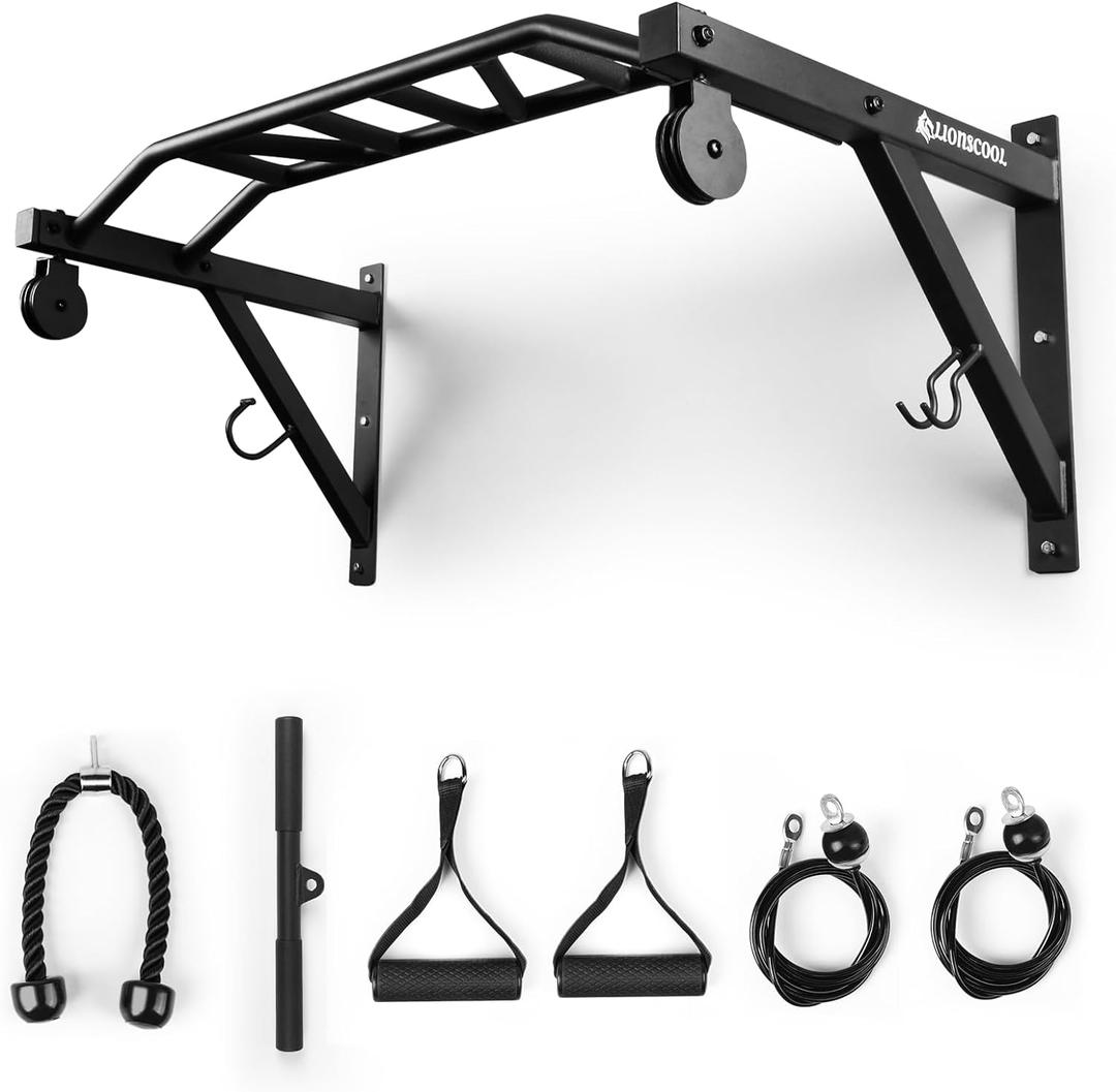 LIONSCOOL Multifunctional Wall Mounted Pull Up Bar with Pulley System (48" APART)