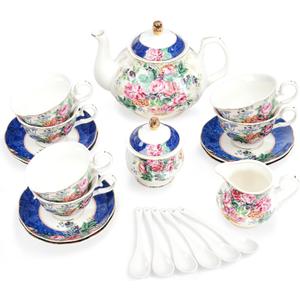 fanquare 21-Piece Blue Lace Porcelain Tea Set, China Coffee Cup and Saucer Set for 6, Pink Flower Tea Sets for Adults Women