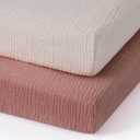 Blissful Diary Muslin Mini Crib Sheets, Pack and Play Mattress Sheets Fitted for Pack N Play, Soft Cotton for Boys Girls, 2 Pack(Dusty Pink&Cream)