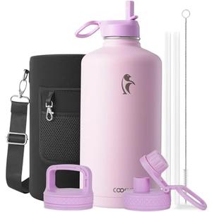 Coolflask 128 oz Gallon Water Bottle Insulated with Straw&3 Lids, Water Jug Large Stainless Steel Metal Vacuum Wide Mouth for Sports, Gym or Office, Non-BPA Keep Cold 48H Hot 24H, Pink