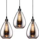 3 Packs Industrial Glass Pendant Lights for Kitchen Island, Modern Teardrop Chrome Mirror Effect Lighting Fixture Edison Hanging Light for Farmhouse Bar Area Over Sink Dining Room (Bulb Not Included)