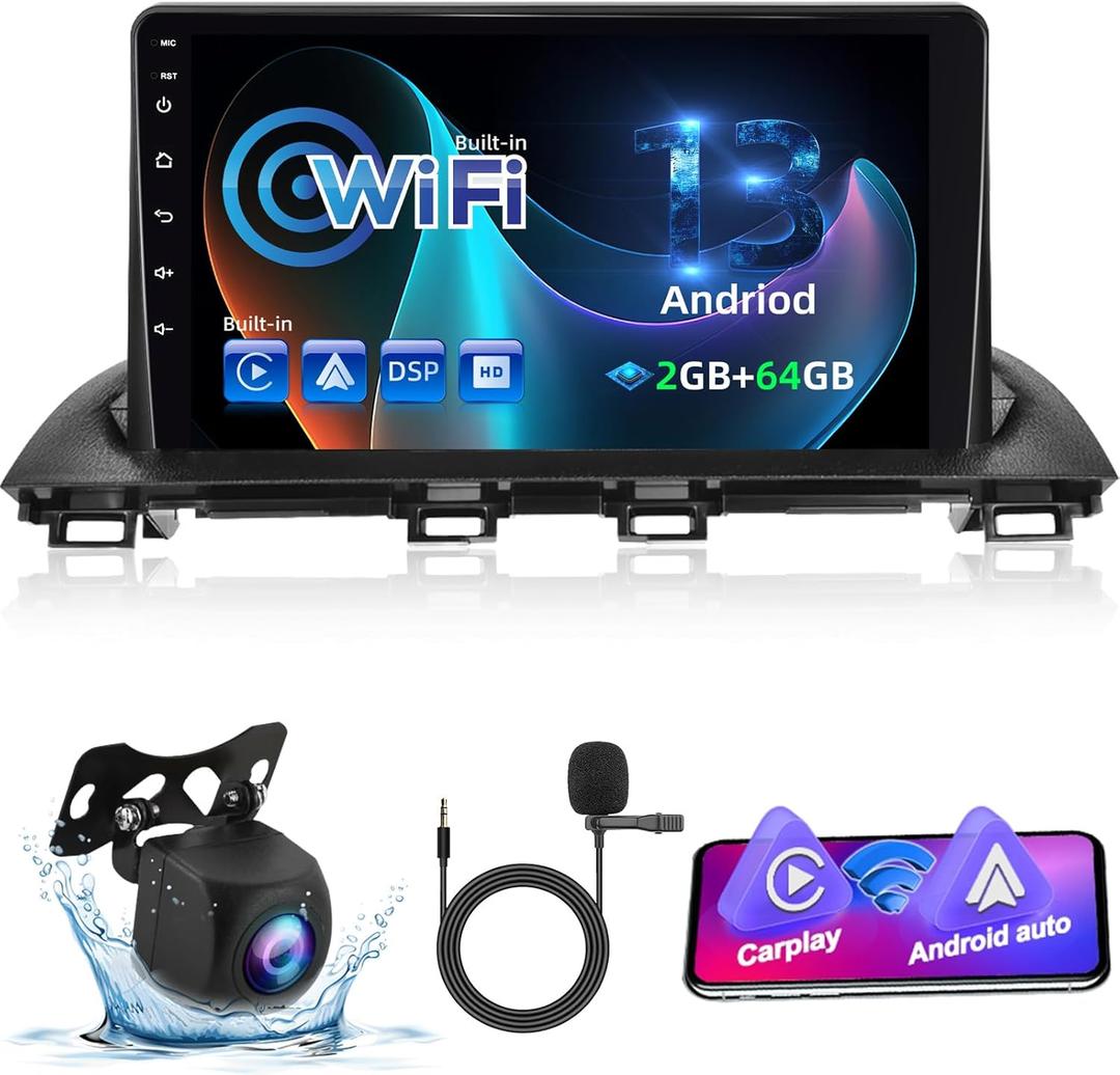 NHOPEEW [2+64G] Car Radio for Mazda 3 Axela 2014-2019 - 9 inch HD Touchscreen Android 13 DSP Audio - Wireless Carplay & Android Auto, GPS, WiFi, Mirror Link, SWC + AHD Backup Camera + Mouse