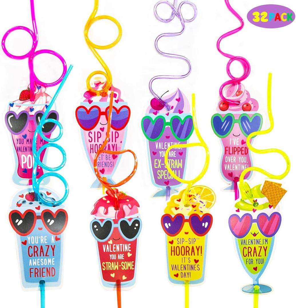 Valentines Day Gifts for Kids - Valentines Day Cards for kids - Set of 32 Crazy Straws Bulk - Valentine Exchange Cards for Girls Boys Toddlers School Class Classroom Party Favors