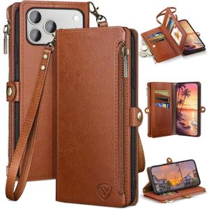 XcaseBar compatible with iPhone 17 Pro Max 6.9" Wallet case with Zipper Credit Card HolderRFID Blocking,Flip Folio Book PU Phone case Shockproof Cover Women Men for Apple 17 Pro Max case Light Brown