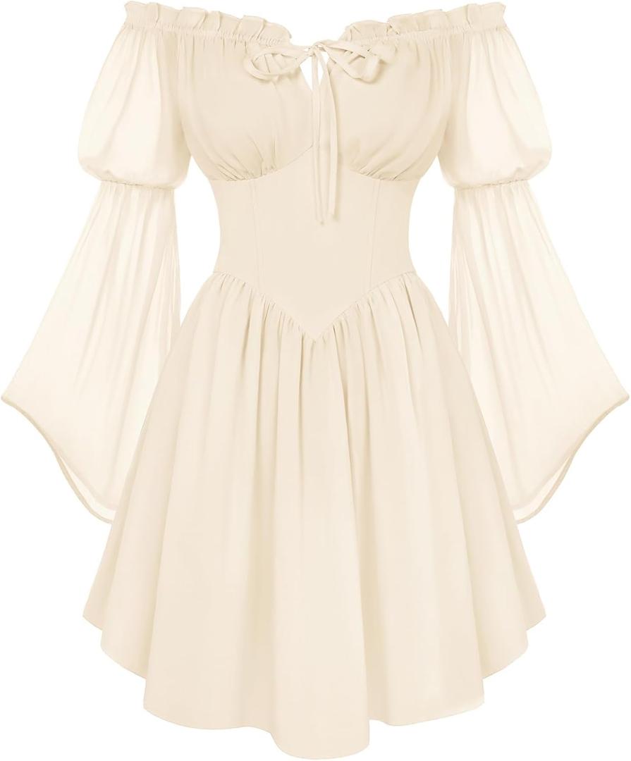 Scarlet Darkness Women's Renaissance Fairy Dress 2026 Summer Boho Off The Shoulder Flowy Corset Mini Dresses Beige XL