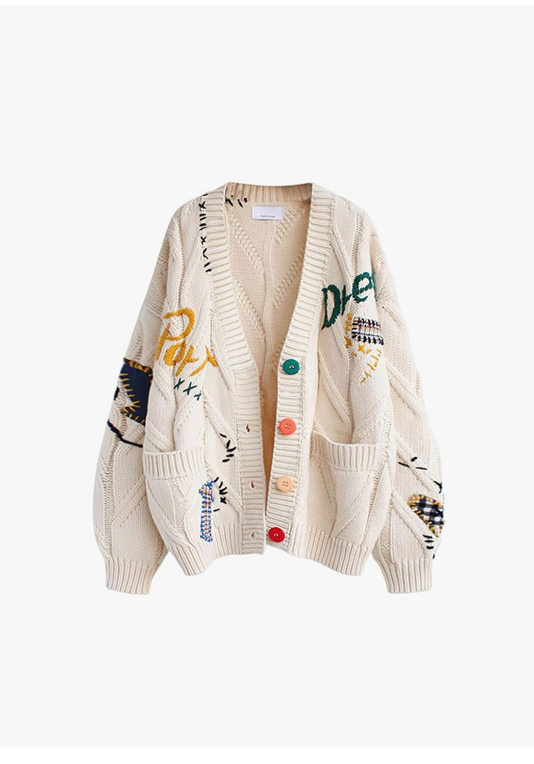 Women's Cable Knit Long Sleeve Open Front Cardigan Sheep V-Neck Button Down Embroidery Wool Blend Sweater Coat Outwear, Size XS