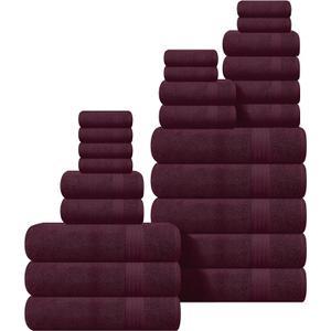 GLAMBURG Ultra Soft 24-Piece Towel Set - 100% Pure Ringspun Cotton, Contains 8 Oversized Bath Towels 27x54, 8 Hand Towels 16x28, 8 Wash Cloths 13x13 - Ideal for Everyday use, Hotel & Spa - Burgundy