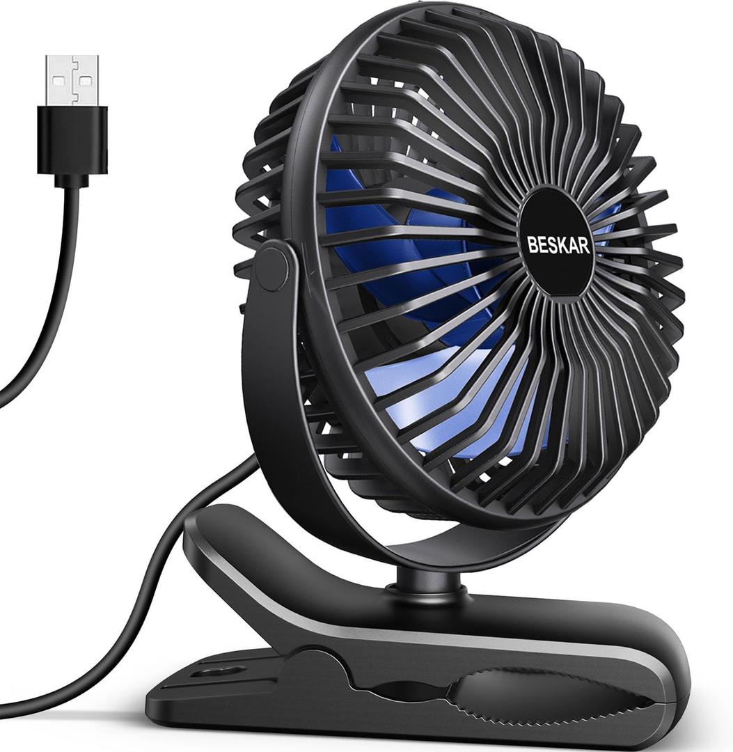 BESKAR USB Clip-on Fan, Portable Small Fan with Cord Powered, 3 Speeds Strong Airflow, with Sturdy Clamp, Quiet Personal Desk Fan