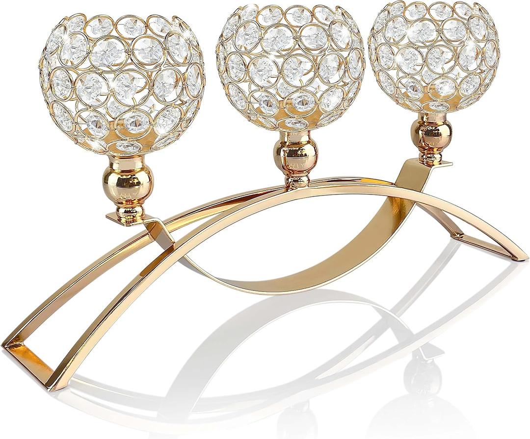 Crystal Candle Holders, Tealight Candlestick Candelabra Stand with 3 Arms,Candle Holder for Wedding Home Decor/Table Centerpiece Party Decoration (Gold)