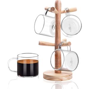 Aquach Coffee Glass Mugs Set of 4, 12 oz, Including Wooden Cup Holder Tree, 6 Hooks