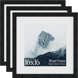 16x16 Square Picture Frame 3 Pack, Solid Real Wood Grain, Displays 12x12 with Mat or 16x16 Without Mat, Wall Gallery Poster Frames, Black