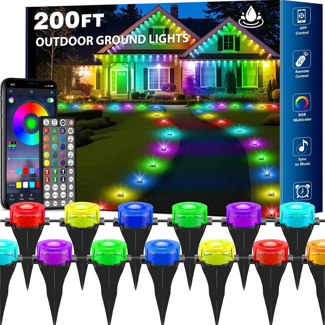 RGB Outdoor Ground Lights, 200Ft Color Changing Pathway Lights with Remote & App Control, Waterproof Walkway Lighting, Wired for Garden Yard Lawn Patio Best for Holiday Party