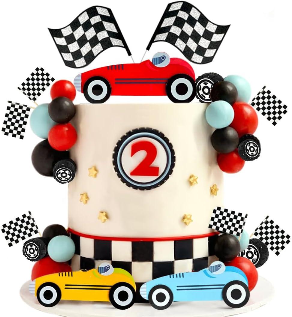 Race Cake Toppers with Acrylic Red Yellow Blue Car Black Red Blue Balls Flags Set for Birthday Party