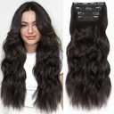 ALXNAN Clip in Long Wavy Synthetic Hair Extension 24 Inch Black Brown 4PCS Thick Hairpieces Fiber Double Weft Hair for Women