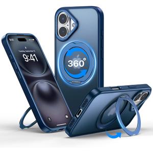 QTlier for iPhone 16 Case, 360 Rotatable Ring Stand, Raised Camera Frame, Shockproof Case Compatible with MagSafe, Case for iPhone 16, Translucent Blue