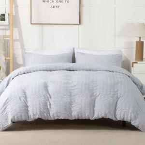 AveLom Seersucker Duvet Cover Set Queen Size (90 x 90 inches), 3 Pieces (1 Duvet Cover, 2 Pillow Cases), Light Gray Ultra Soft Washed Microfiber, Textured Duvet Cover with Zipper Closure, Corner Ties