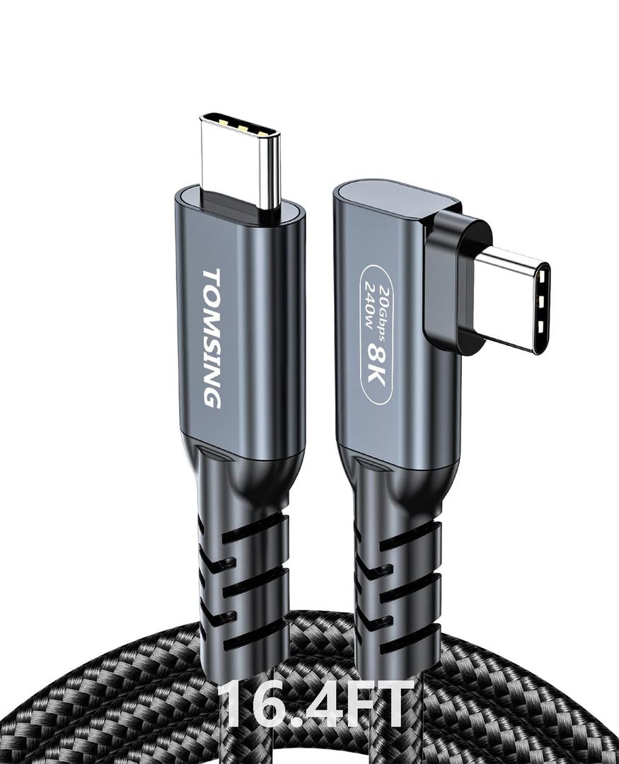 Long Right Angle USB c to USB c 240W Fast Charging Cable, [16.4FT/5m],usb3.2 20Gbps high-Speed, 8K HD Video,Nylon Braided,Type C Cord Male to Male for laptops, Smartphone, Monitor.(Black)