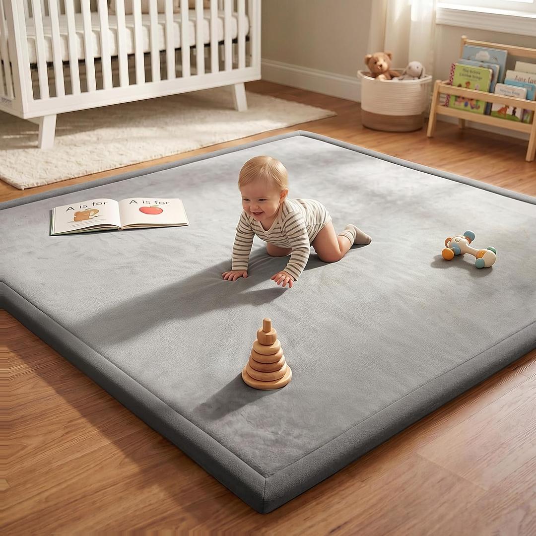 AEOCOO 50x50 Playpen Mat 1.3" Thick Memory Foam Baby Play Mats for Infants Floor Crawling, Toddlers Tummy Time, CloudSoft Velvet Non Slip Cushion, Play Pen, Living Room, Playroom, Tatami Style, Grey