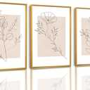 CHDITB Floral Line Framed Canvas Wall Art Set, Minimalist Flower Wall Decor, Neutral Beige Plants Wall Painting, Abstract Botanical Leaf Stripe Art Print for Living Room, Bedroom, Office - 16"x24"x3
