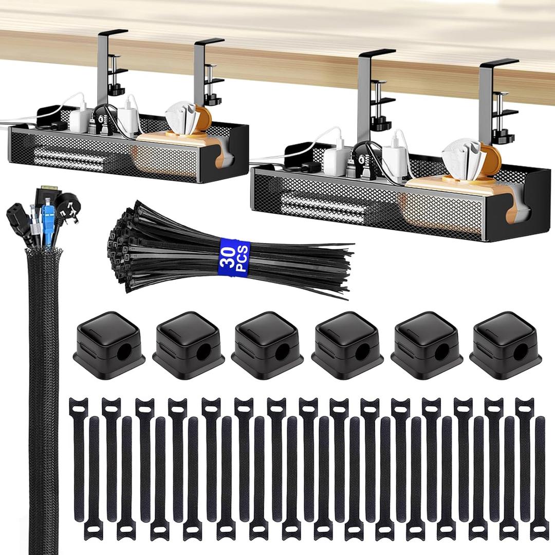 Cable Management Tray Black Under Desk 2 Pack 15.7" Cable Management Kit No Drill Cable Management Box Cord Organizer for Desk Wire Management Cable Basket for Home Office with Accessories