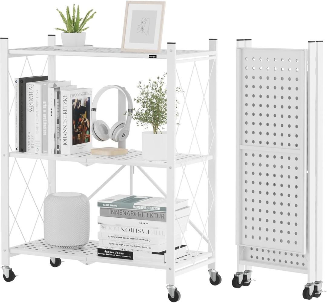 Storage Shelves with Wheels, Bookshelf with Storage, No Assembly Metal Rack Cart for Kitchen, Office, Laundry, Garage (3 Tier, White)