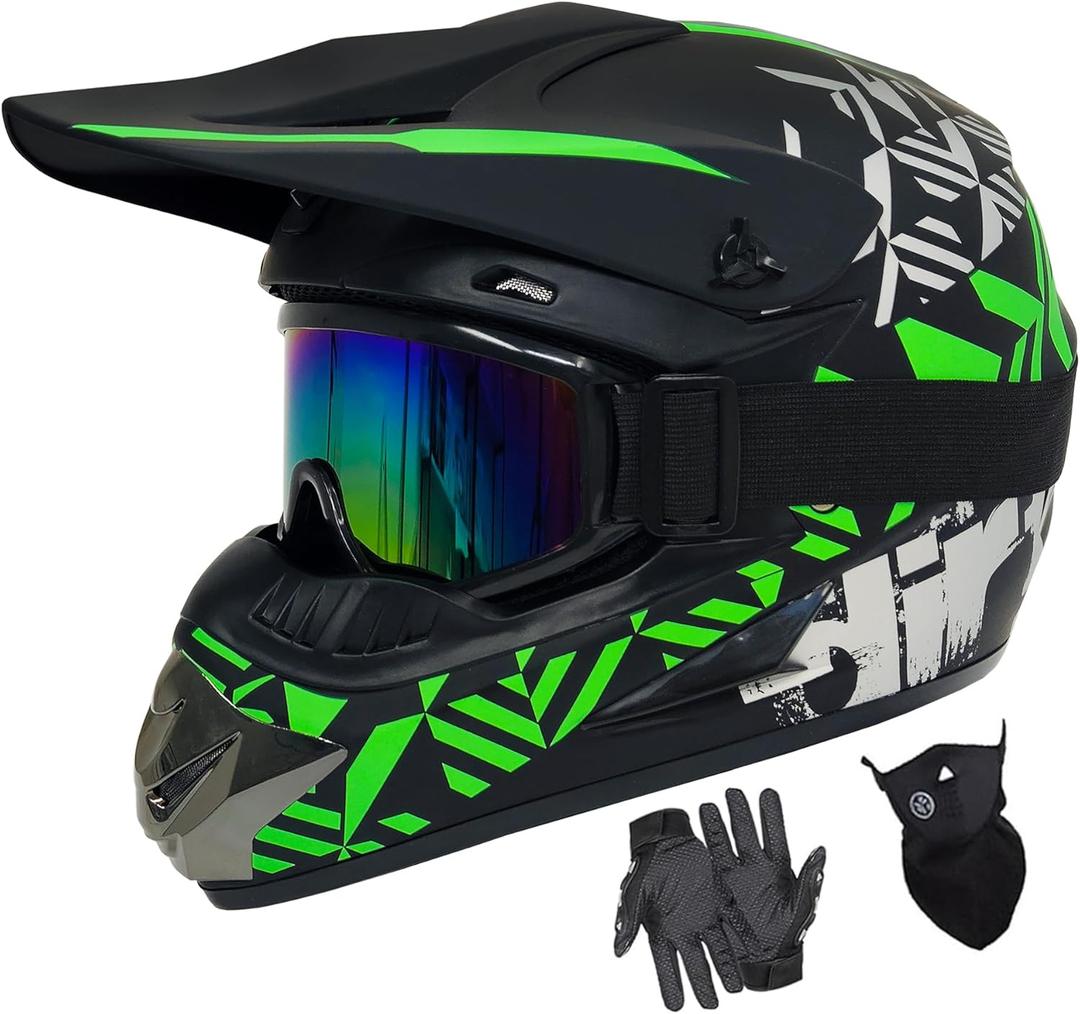 Youth Dirt Bike Helmets Fashion Kids Children Motocross, Motorcycle, BMX, ATV, Off-Road, Four Wheeler, Moutain Bike Full Face Helmets Dot Approved (Goggles Gloves Faceshield) (Medium, Green)