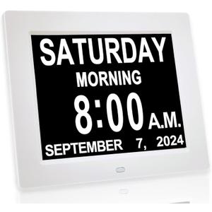 New 2024 Digital Calendar Alarm Day Clock - with 8" Large Screen Display, am pm, Multiple Alarms, for Impaired Vision People, The Aged Seniors, The Dementia, for Desk, Wall Mounted, (White)
