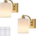 Powfloven Gold Rechargeable Battery Operated Wall Sconces Set of 2 with Remote, Wireless Dimmable Battery Powered LED Wall Lights, Cordless Wall Lighting Lamp Fixture for Bedroom Living Room