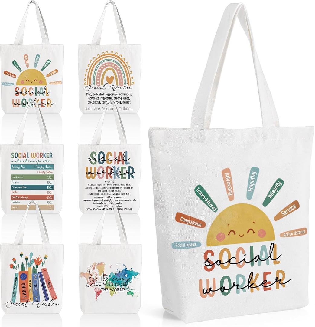 Paterr 6 Pcs Social Worker Appreciation Gift Canvas Tote Bags Bulk Thank You Bags with Zipper Office Supplies Coworker Gifts for MSW Volunteer Students Teacher Nurse Party Favors