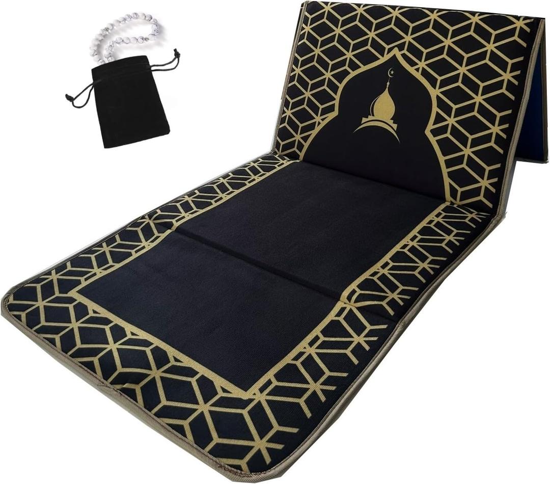 Back Support Prayer Mat Muslim Rug Islamic - Padded Prayer Rug Sajadah for Men Women for Eid Travel Ramadan, Masjid, Soft and Luxury (Black)