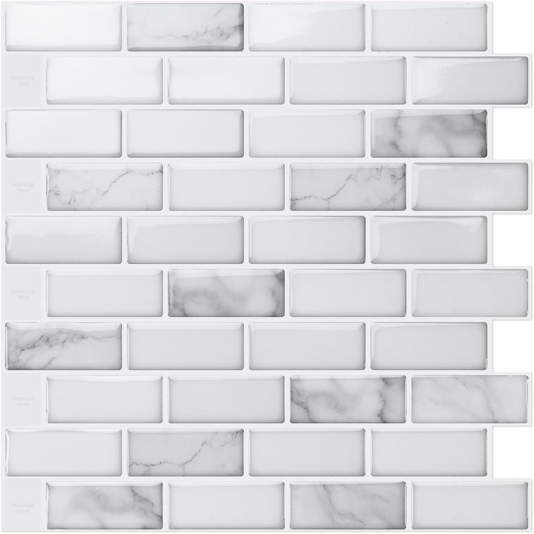 Art3d 10-Sheet Peel and Stick Backsplash Tile in White Marble, Self-Adhesive Wall Tiles Stick on Kitchen Laundry Room RV Renter - 12 x 12 Inch