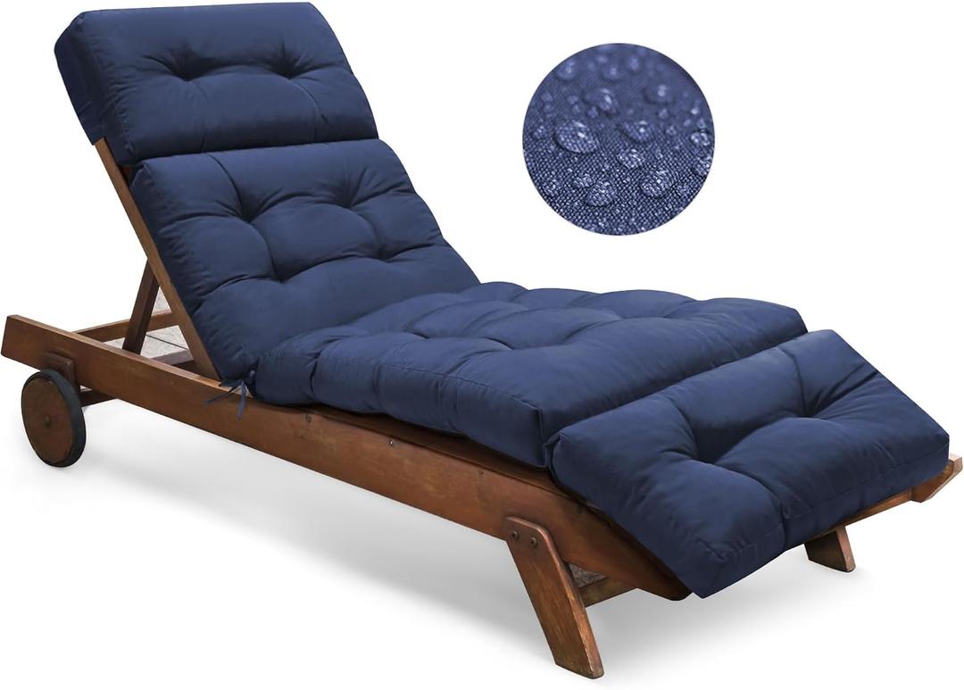 Waterproof Outdoor Chaise Lounge Chair Cushion 74.4 x 22 x 4.7 Inches Memory Foam Lounge Chair Cushions Replacement for Outdoor Furniture with Ties, Thickened Pool Lounge Chair Cushions, Blue