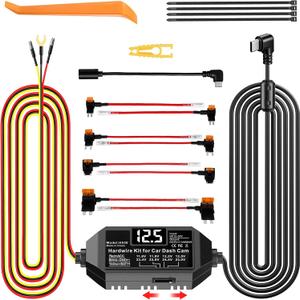 Dash Cam Hardwire Kit USB C, 12V-24V to 5V Type C Hardwire Kit with LED Voltmeter, 4-Level Adjustable Low Voltage Protection, 3-Lead Power Cable for Dash Camera Parking Mode & Continuous Recording