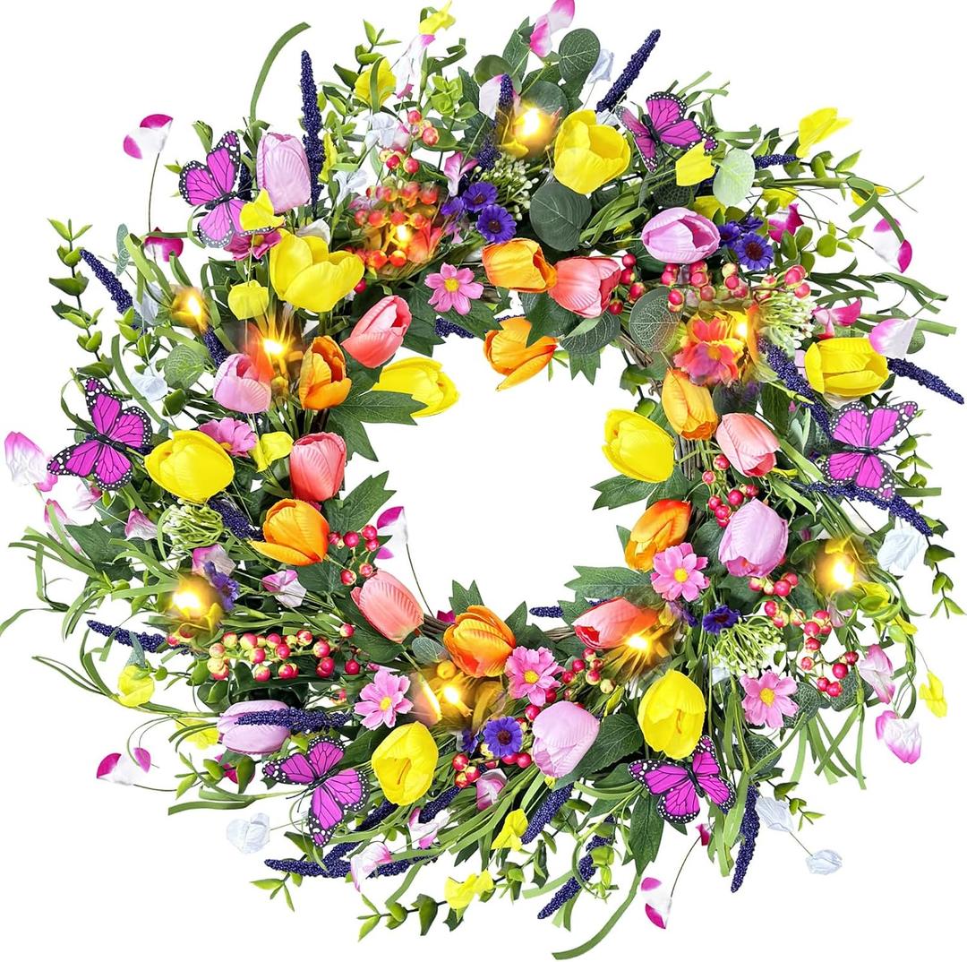 24 Inch Spring & Summer Artificial LED Tulip Wreath with LED Lights, Multicolor, for Easter, Holidays & Celebrations