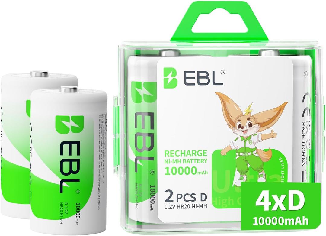EBL D Cell Batteries 10,000mAh Ultra Pro Ni-MH Rechargeable D Batteries, 4-Pack
