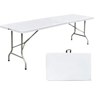 8ft Folding Table 96 inch, Heavy Duty 8 Foot Portable Plastic Foldable Table with Handle and Fold-in-Half Design, Blow Molded Tabletop for Outdoor, Indoor, Party, Dining and Camping, White