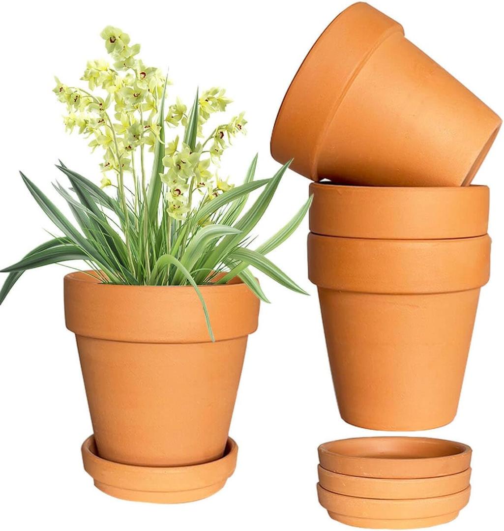 6 Inch Terracotta & Clay Plant Pots with Drainage Hole and Saucer- 4 Pack Medium Terra Cotta Pots for Indoor Outdoor Plants, Breathable Unglazed Classic Planter Pots for Succulents, Herbs, Flowers