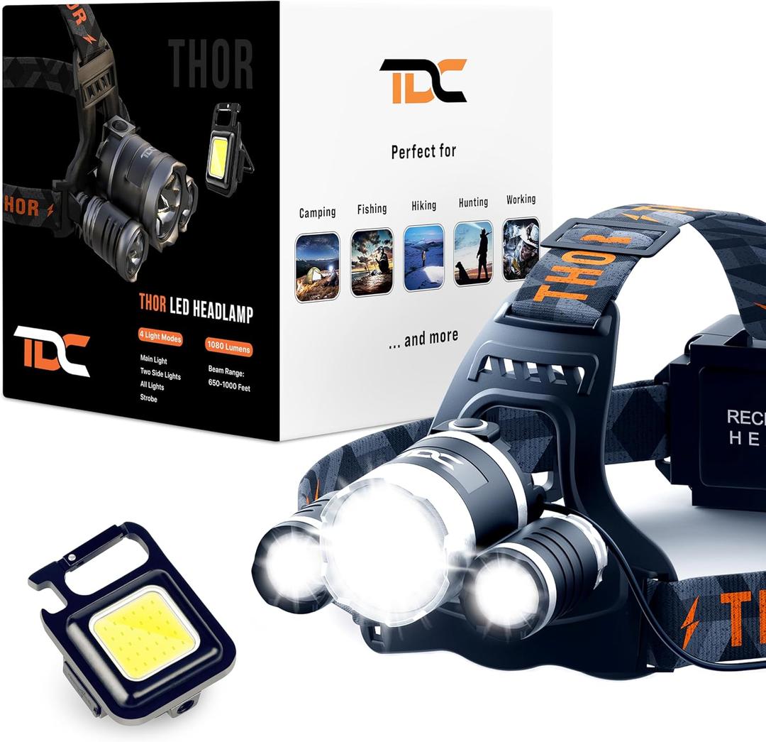 TDC Head Lamp Led Rechargeable Super Bright - USB-C Headlamp for Adults - Head Lights for Forehead - 1080 Lumen Head Flashlight - 10HR Battery for Hardhat, Camping, Hunting, Work (Gray)
