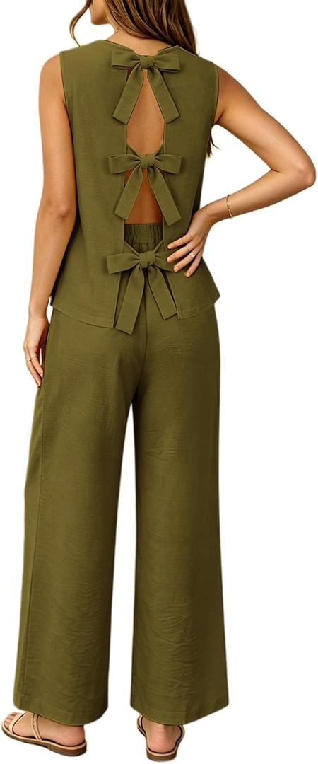2 Piece Linen Matching Sets for Women Reversible Cute Back Bow Summer Outfits Wide Leg Pants Vacation Lounge Sets (Green, XL)