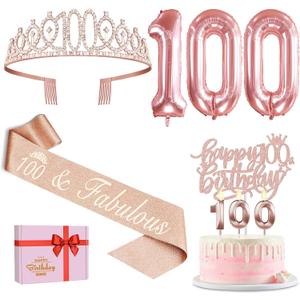 100th Birthday Decorations for Women, Include 100th Birthday Sash and Tiara, Cake Topper and Candles, Number Balloons, 100 Year Old Gifts Women