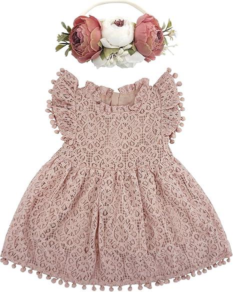 BGFKS Baby Girl Tutu Dress Elegant Lace Pom Pom Flutter Sleeve with Flower Headband Set, 80