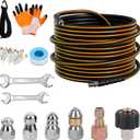 50FT Sewer Jetter Kit for Pressure Washer, 5800PSI Drain Cleaner Hose 1/4 Inch NPT Corner Rotating and Button Nose Sewer Jetting Nozzle Spanner Watertight Tape Pearl Corsage Pin Handle Strap (Orange)