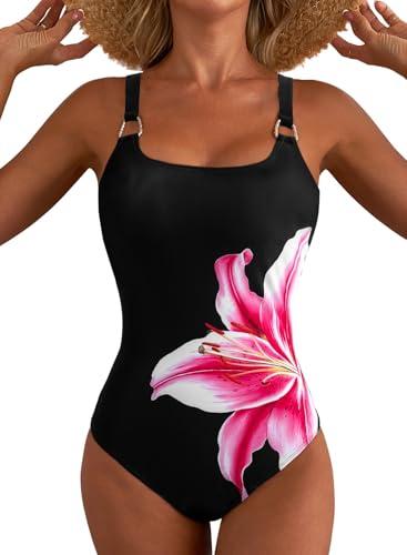 Herseas Women's Metal Ring Adjustable Wide Straps Wire Free Black One Piece Swimsuit Floral Print Tummy Control Slimming Bathing Suit Modest Cruise Essentials, Medium