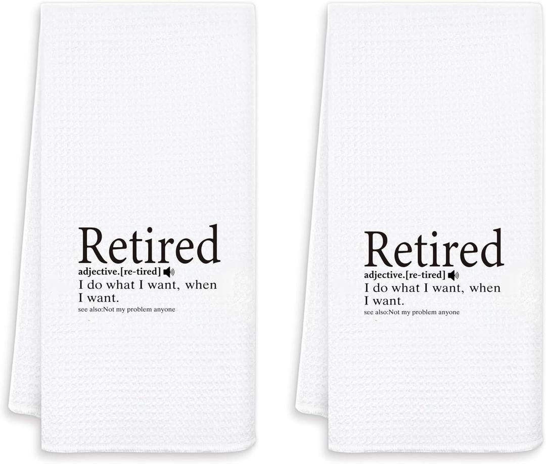 Funny Retirement Kitchen Towel Set of 2 Retired Definition Waffle Weave Dish Towel, White Cotton Hand Towel Gift for Retired Men or Women,12x24 Inches