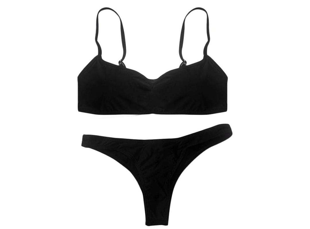 Womens Sexy Two Pieces High Cut Thong Swimsuits Solid Color Padded Push Up Bikini Sets Black M