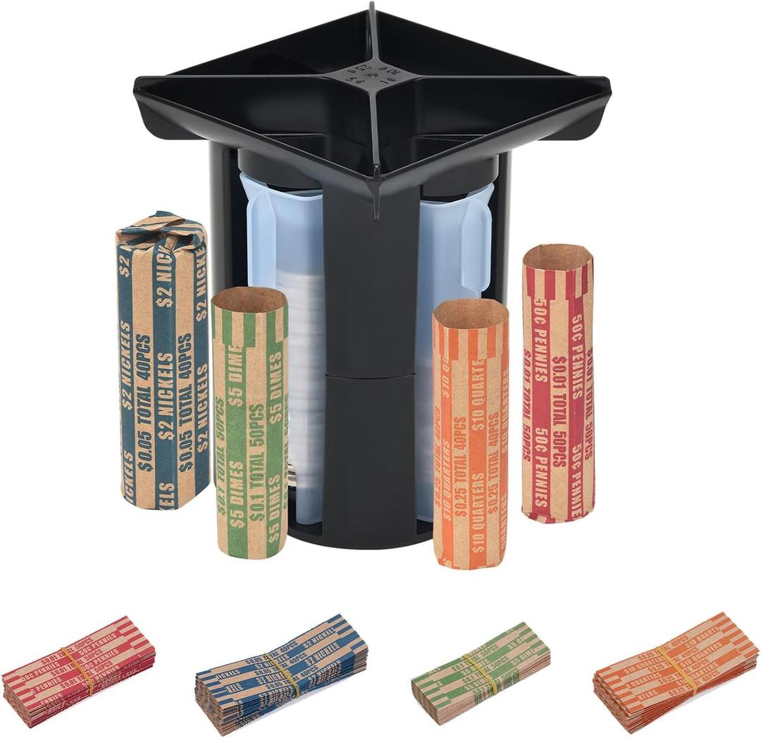 Coin Counter, Coin Sorter Tube, 4-in-1 Coin Sorter and Wrapper Machine, Change Counter Machine Coin Roller with 80 PCS Coin Wrappers