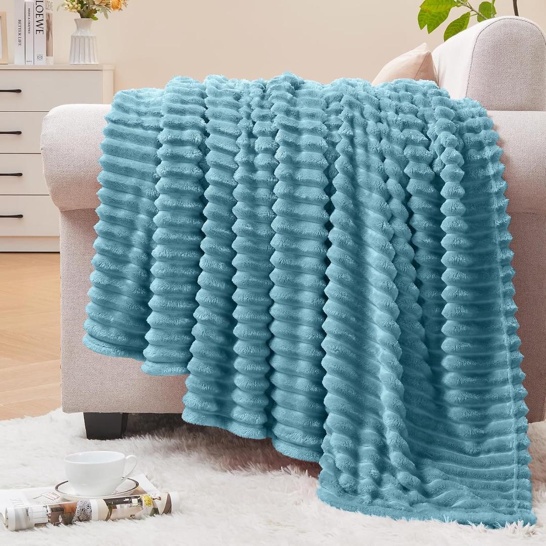 BEDELITE Fleece Throw Blanket for Couch 3D Ribbed Jacquard Soft and Warm Decorative Fuzzy Blanket Cozy, Fluffy, Plush Lightweight Washed Blue Throw Blankets for Bed, Sofa, 50x60 inches
